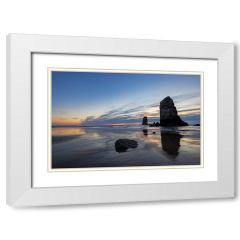 Haystack Rock Pinnacles at low tide in Cannon Beach-Oregon-USA White Modern Wood Framed Art Print with Double Matting by Haney, Chuck