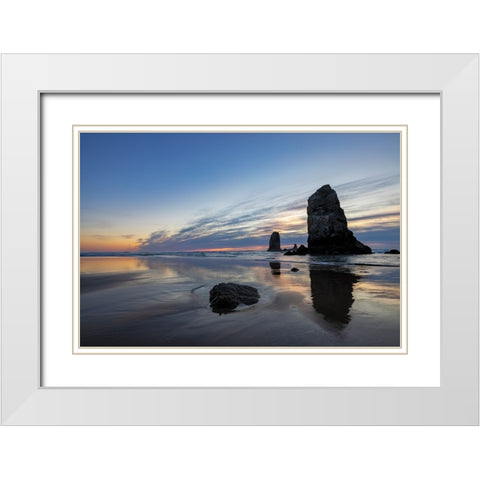 Haystack Rock Pinnacles at low tide in Cannon Beach-Oregon-USA White Modern Wood Framed Art Print with Double Matting by Haney, Chuck