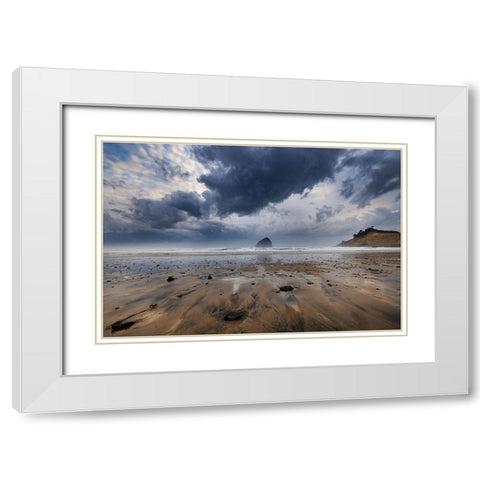 Storm clouds at low tide on beach at Cape Kiwanda in Pacific City-Oregon-USA White Modern Wood Framed Art Print with Double Matting by Haney, Chuck