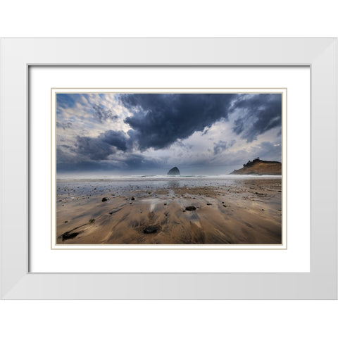 Storm clouds at low tide on beach at Cape Kiwanda in Pacific City-Oregon-USA White Modern Wood Framed Art Print with Double Matting by Haney, Chuck