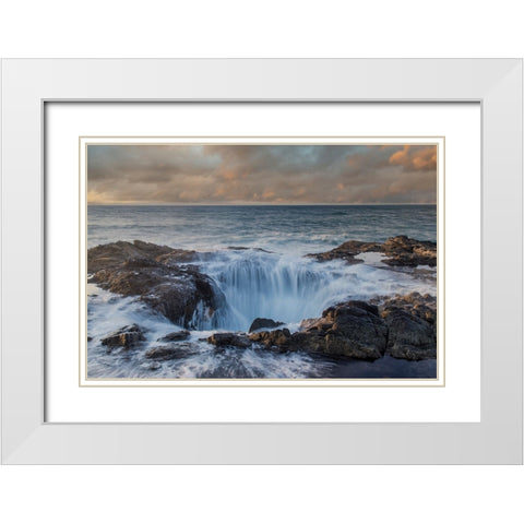 USA- Oregon- Cape Perpetua and Thors Well at sunset. White Modern Wood Framed Art Print with Double Matting by Gulin, Darrell