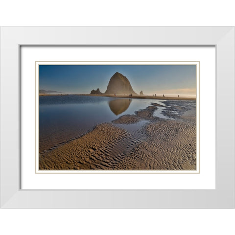 USA- Oregon. Cannon Beach with Haystack near sunset and low tide. White Modern Wood Framed Art Print with Double Matting by Gulin, Darrell