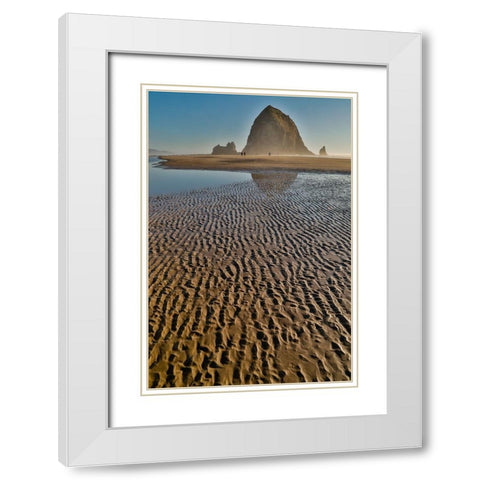 USA- Oregon. Cannon Beach with Haystack near sunset and low tide. White Modern Wood Framed Art Print with Double Matting by Gulin, Darrell