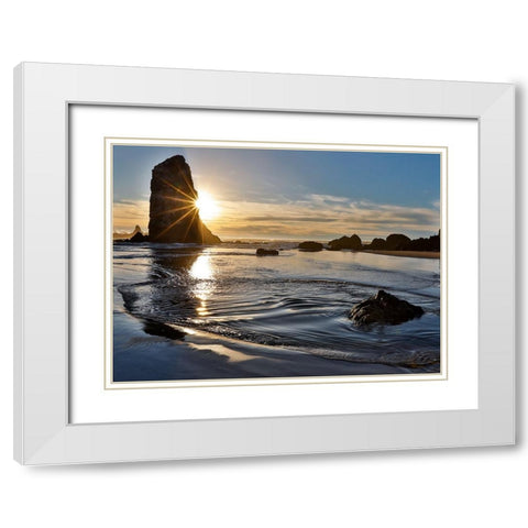 USA- Oregon. Cannon Beach low tide and ripples in the sand and sea stacks at sunset. White Modern Wood Framed Art Print with Double Matting by Gulin, Darrell