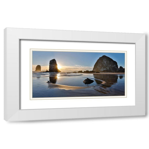 USA- Oregon. Cannon Beach with Haystack near sunset and low tide. White Modern Wood Framed Art Print with Double Matting by Gulin, Darrell
