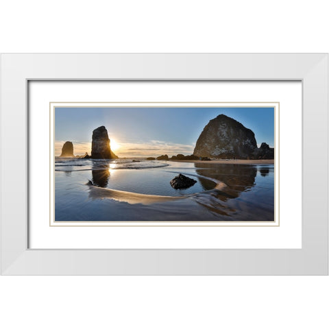 USA- Oregon. Cannon Beach with Haystack near sunset and low tide. White Modern Wood Framed Art Print with Double Matting by Gulin, Darrell