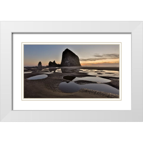 USA- Oregon. Cannon Beach with Haystack near sunset and low tide. White Modern Wood Framed Art Print with Double Matting by Gulin, Darrell