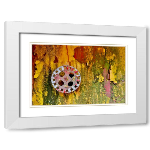 USA- Oregon- Tillamook. Old fire truck with gauges and valves with colorful pealing paint White Modern Wood Framed Art Print with Double Matting by Gulin, Darrell