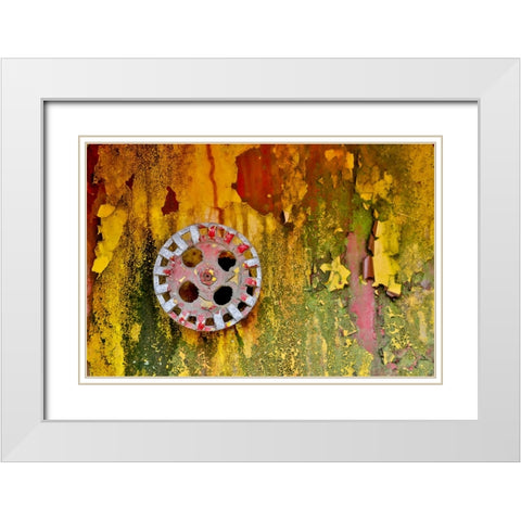 USA- Oregon- Tillamook. Old fire truck with gauges and valves with colorful pealing paint White Modern Wood Framed Art Print with Double Matting by Gulin, Darrell