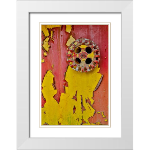 USA- Oregon- Tillamook. Old fire truck with gauges and valves with colorful pealing paint White Modern Wood Framed Art Print with Double Matting by Gulin, Darrell