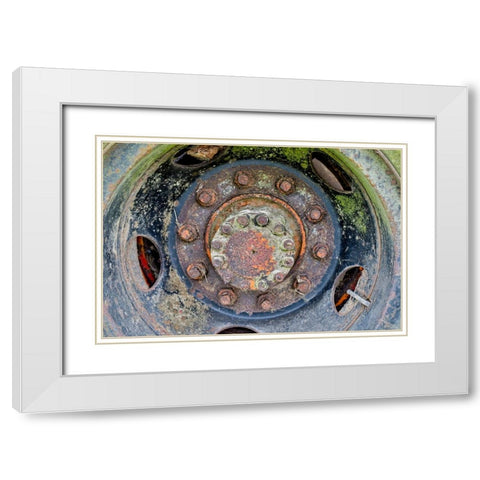 USA- Oregon- Tillamook. Close-up of old and rusted painted truck wheels White Modern Wood Framed Art Print with Double Matting by Gulin, Darrell