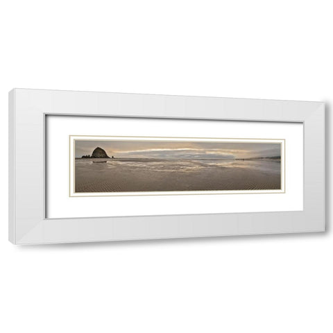 USA- Oregon. Cannon Beach and panorama of Haystack at sunset and low tide. White Modern Wood Framed Art Print with Double Matting by Gulin, Darrell