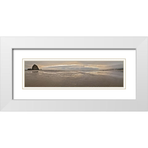 USA- Oregon. Cannon Beach and panorama of Haystack at sunset and low tide. White Modern Wood Framed Art Print with Double Matting by Gulin, Darrell