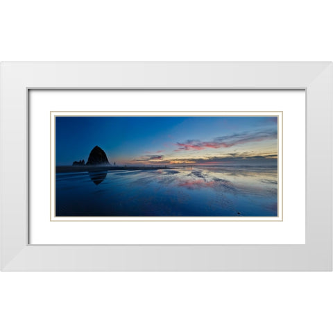USA- Oregon. Cannon Beach and panorama of Haystack at sunset and low tide. White Modern Wood Framed Art Print with Double Matting by Gulin, Darrell