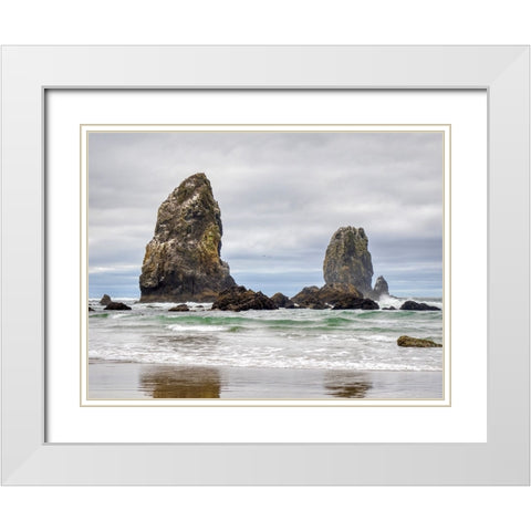 Oregon-Cannon Beach Needle Seastack-stormy sky White Modern Wood Framed Art Print with Double Matting by Wild, Jamie and Judy