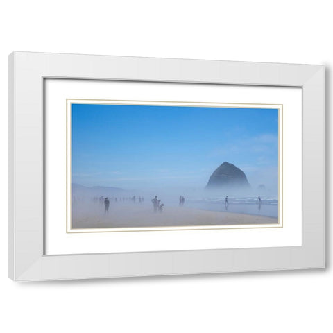Oregon-Cannon Beach Haystack Rock-beachgoers in fog White Modern Wood Framed Art Print with Double Matting by Wild, Jamie and Judy