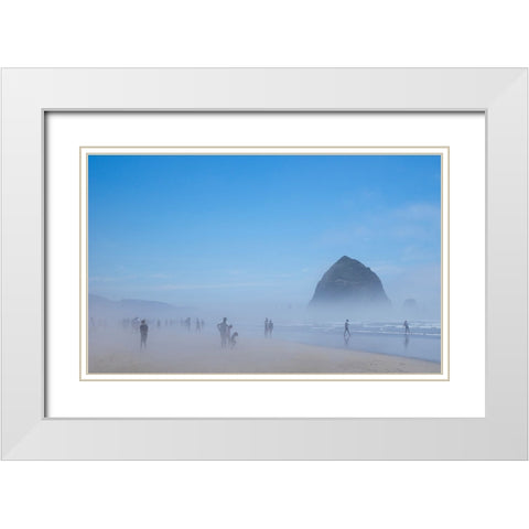 Oregon-Cannon Beach Haystack Rock-beachgoers in fog White Modern Wood Framed Art Print with Double Matting by Wild, Jamie and Judy