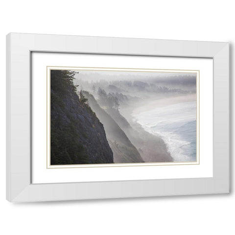 Oregon-Oswald West State Park and cliff bluffs looking towards Manzanita with lifting fog White Modern Wood Framed Art Print with Double Matting by Gulin, Sylvia