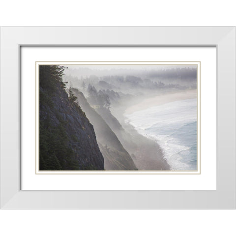 Oregon-Oswald West State Park and cliff bluffs looking towards Manzanita with lifting fog White Modern Wood Framed Art Print with Double Matting by Gulin, Sylvia