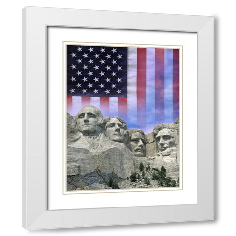 South Dakota American flag and Mt Rushmore NM White Modern Wood Framed Art Print with Double Matting by Flaherty, Dennis