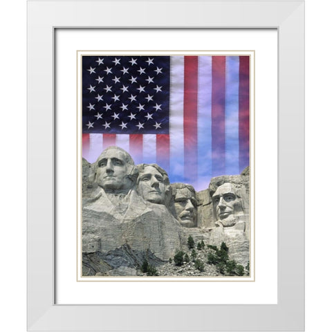 South Dakota American flag and Mt Rushmore NM White Modern Wood Framed Art Print with Double Matting by Flaherty, Dennis