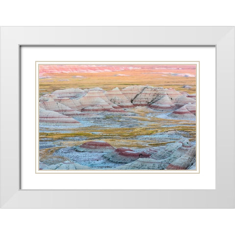 A circular grouping of hoodoo mounds-interspersed with yellow grasses-pinks and red mixed in White Modern Wood Framed Art Print with Double Matting by Haddad, Sheila