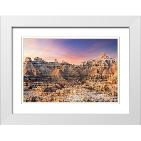Magnificent set of striated hoodoos set against the backdrop of sunset colors in the sky White Modern Wood Framed Art Print with Double Matting by Haddad, Sheila