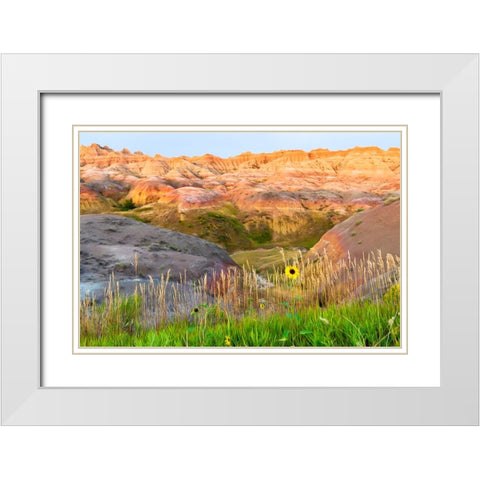 A painterly image of softer hoodoos set against a row of wildflowers and grass White Modern Wood Framed Art Print with Double Matting by Haddad, Sheila