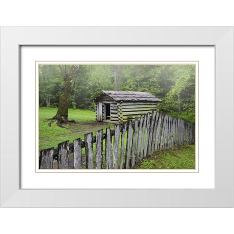 TN, Great Smoky Mts Fence and abandoned cabin White Modern Wood Framed Art Print with Double Matting by Flaherty, Dennis