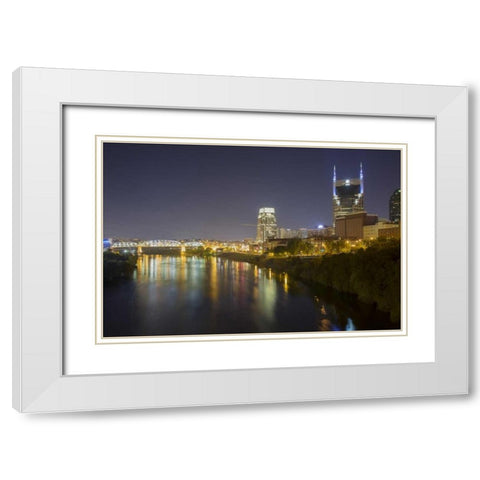 TN, Nashville City lights reflected in the River White Modern Wood Framed Art Print with Double Matting by Grall, Don