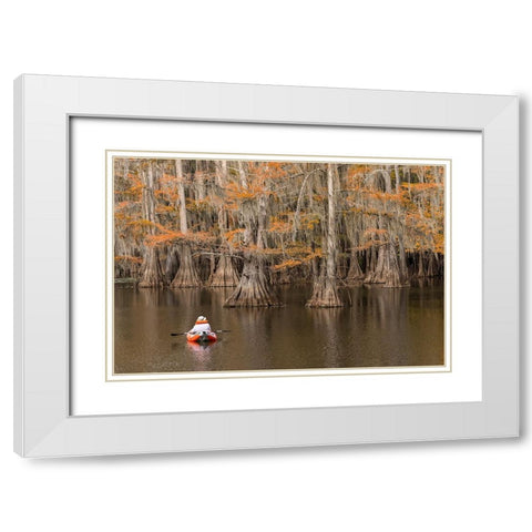 Bald Cypress tree draped in Spanish moss with fall colors and kayaker Caddo Lake State Park White Modern Wood Framed Art Print with Double Matting by Jones, Adam