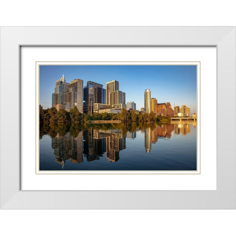 City skyline reflects in the Colorado River in Austin-Texas-USA White Modern Wood Framed Art Print with Double Matting by Haney, Chuck