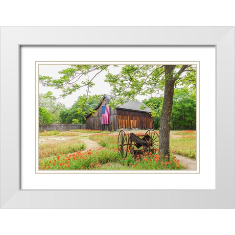Castroville-Texas-USA-Large American flag on a barn in the Texas Hill Country White Modern Wood Framed Art Print with Double Matting by Wilson, Emily M.