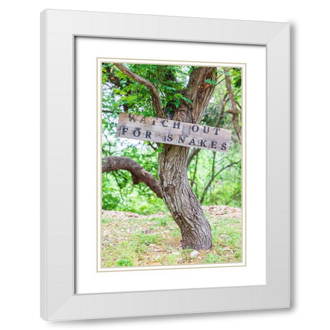 Castroville-Texas-USA-Sign warning snakes in the Texas Hill Country White Modern Wood Framed Art Print with Double Matting by Wilson, Emily M.