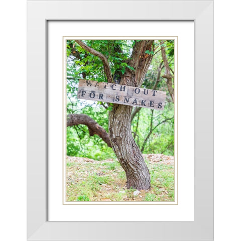 Castroville-Texas-USA-Sign warning snakes in the Texas Hill Country White Modern Wood Framed Art Print with Double Matting by Wilson, Emily M.
