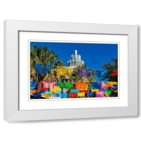 Mexican Market Square-Flags Symbols christmas paper decorations-San Antonio-Texas White Modern Wood Framed Art Print with Double Matting by Perry, William