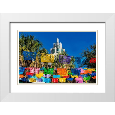 Mexican Market Square-Flags Symbols christmas paper decorations-San Antonio-Texas White Modern Wood Framed Art Print with Double Matting by Perry, William