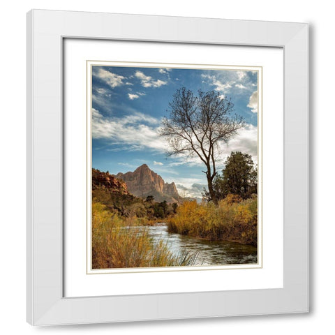 Utah-Zion National Park-Virgin River and The Watchman near sunset White Modern Wood Framed Art Print with Double Matting by Collins, Ann