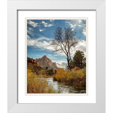 Utah-Zion National Park-Virgin River and The Watchman near sunset White Modern Wood Framed Art Print with Double Matting by Collins, Ann
