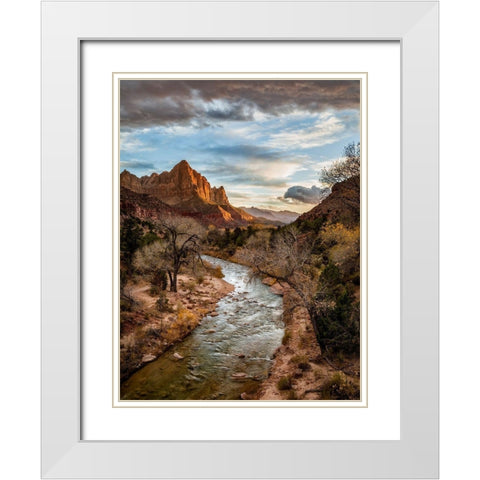 Utah-Zion National Park-Sunset lights up The Watchman and the Virgin River White Modern Wood Framed Art Print with Double Matting by Collins, Ann