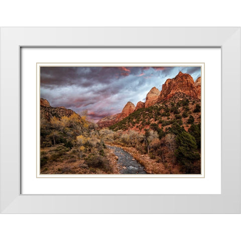 Utah-Zion National Park-A fiery sunset lights up Zions Virgin River and cottonwood trees White Modern Wood Framed Art Print with Double Matting by Collins, Ann