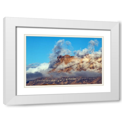 USA-Utah Green River-Cloud and Mist Shrouded Little Elliot Mesa White Modern Wood Framed Art Print with Double Matting by Friel, Bernard