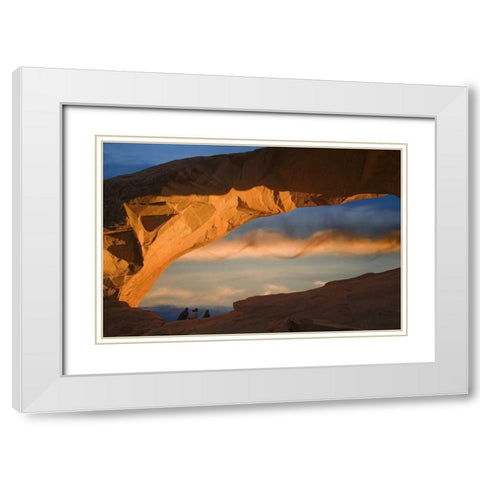 UT, Arches NP Hikers at Skyline arch at sunset White Modern Wood Framed Art Print with Double Matting by Paulson, Don