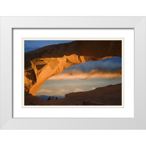 UT, Arches NP Hikers at Skyline arch at sunset White Modern Wood Framed Art Print with Double Matting by Paulson, Don