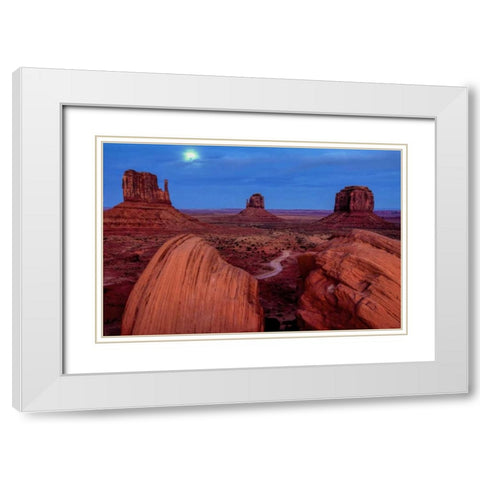UT, Monument Valley Moon and landscape White Modern Wood Framed Art Print with Double Matting by OBrien, Jay
