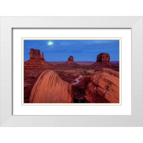 UT, Monument Valley Moon and landscape White Modern Wood Framed Art Print with Double Matting by OBrien, Jay