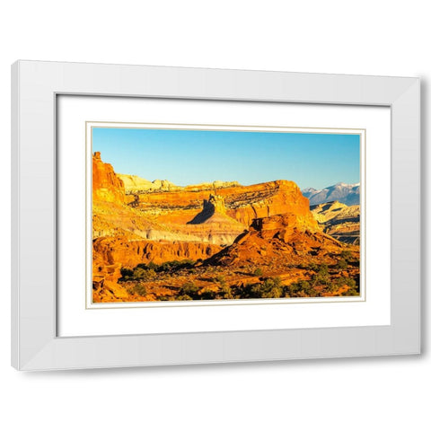 USA- Utah- Capitol Reef National Park. Eroded rock formations and mountain. White Modern Wood Framed Art Print with Double Matting by Jaynes Gallery