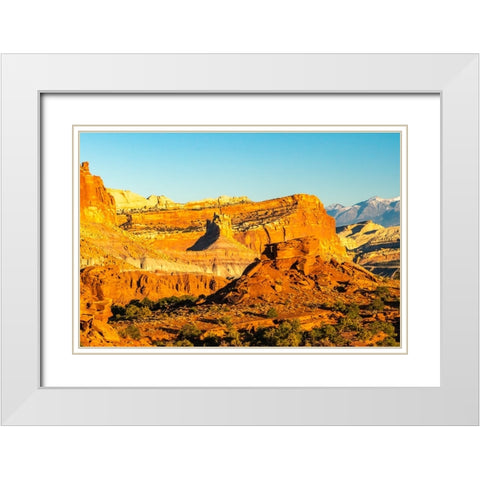 USA- Utah- Capitol Reef National Park. Eroded rock formations and mountain. White Modern Wood Framed Art Print with Double Matting by Jaynes Gallery