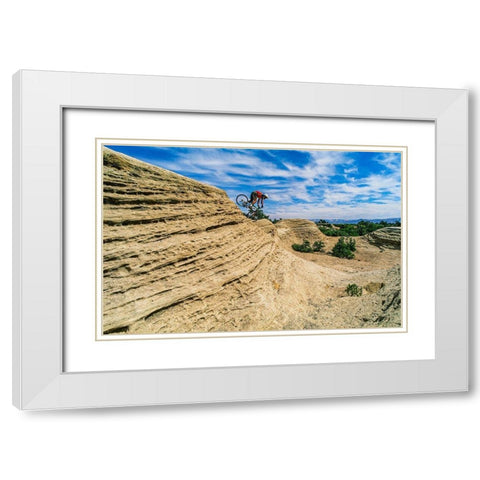 Mountain biker balances courage and danger and attempting to avoid crash on Red Rock-Utah-USA (MR) White Modern Wood Framed Art Print with Double Matting by Garber, Howie
