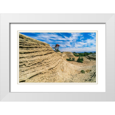 Mountain biker balances courage and danger and attempting to avoid crash on Red Rock-Utah-USA (MR) White Modern Wood Framed Art Print with Double Matting by Garber, Howie
